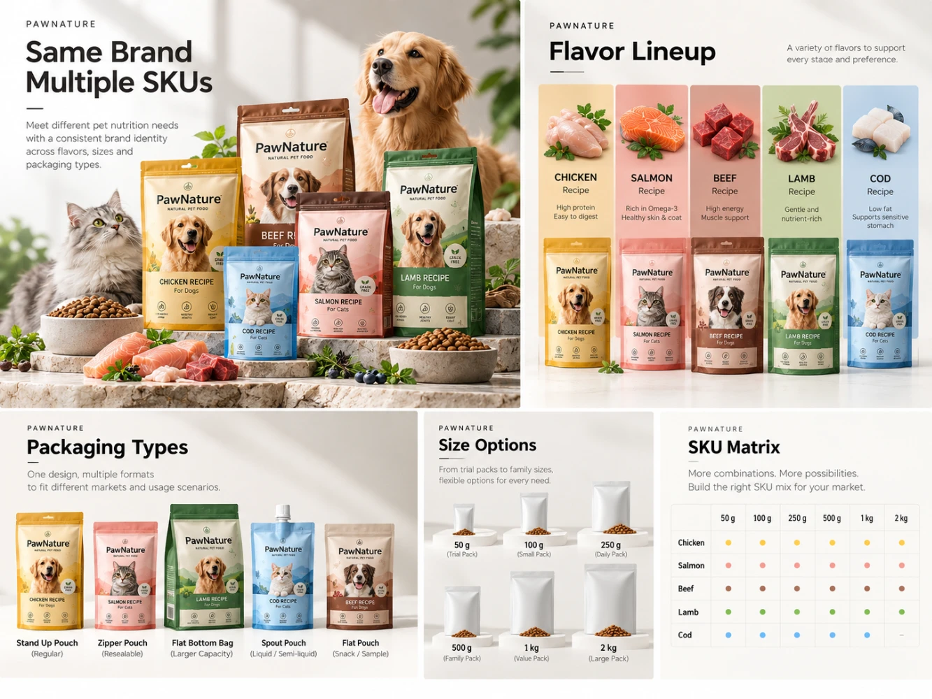 Pet food SKU planning infographic with a flavour lineup, packaging types, size options and a SKU matrix