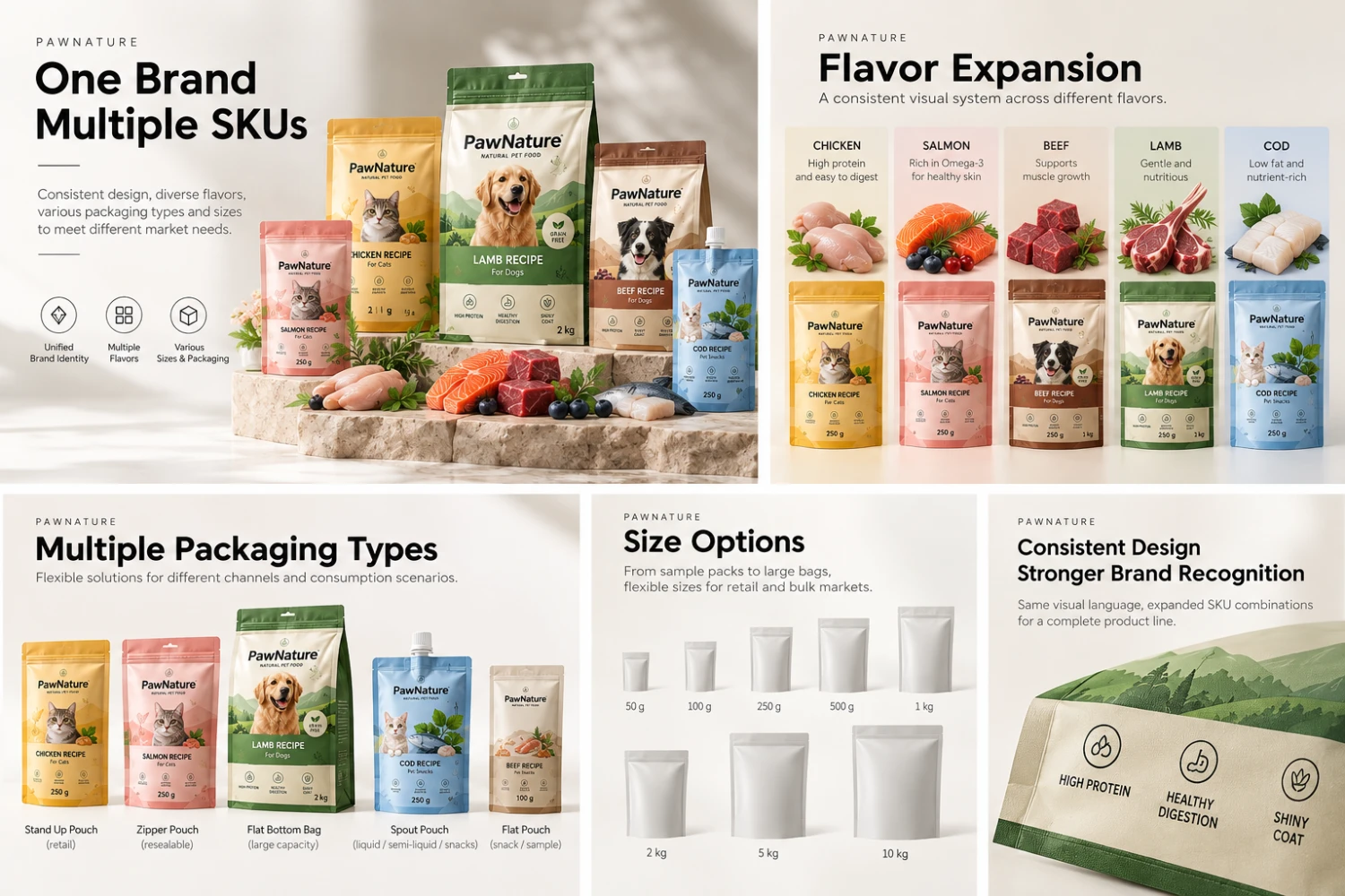 Pet food packaging infographic showing flavour variants, pouch formats, size options and consistent branding
