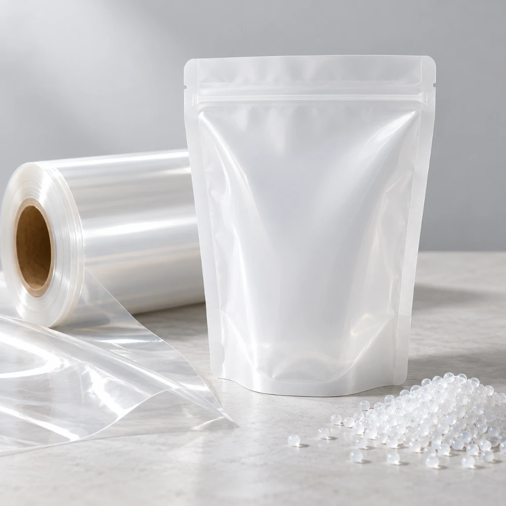 White flexible packaging pouch displayed with packaging film and materials to represent recyclable packaging solutions.
