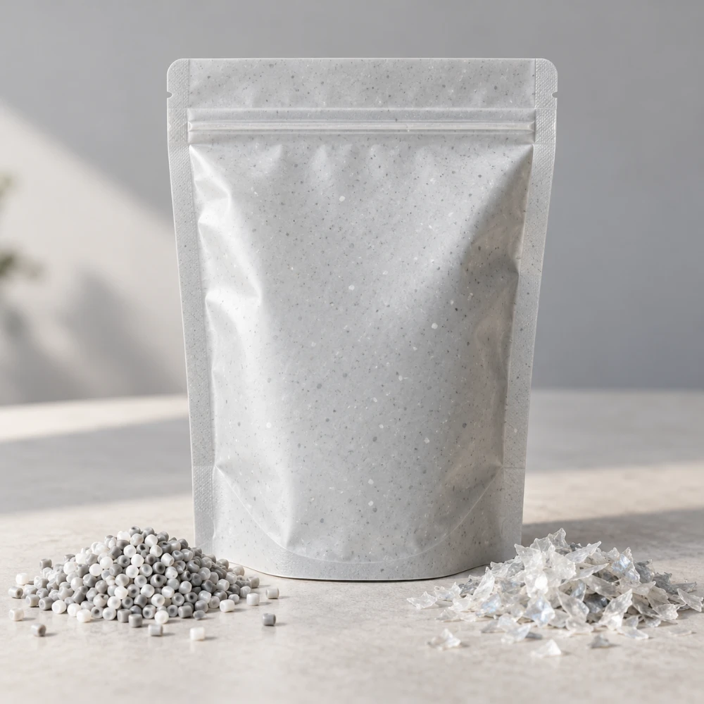 Gray flexible packaging pouch with plastic resin pellets, illustrating recycled-content PCR packaging materials.