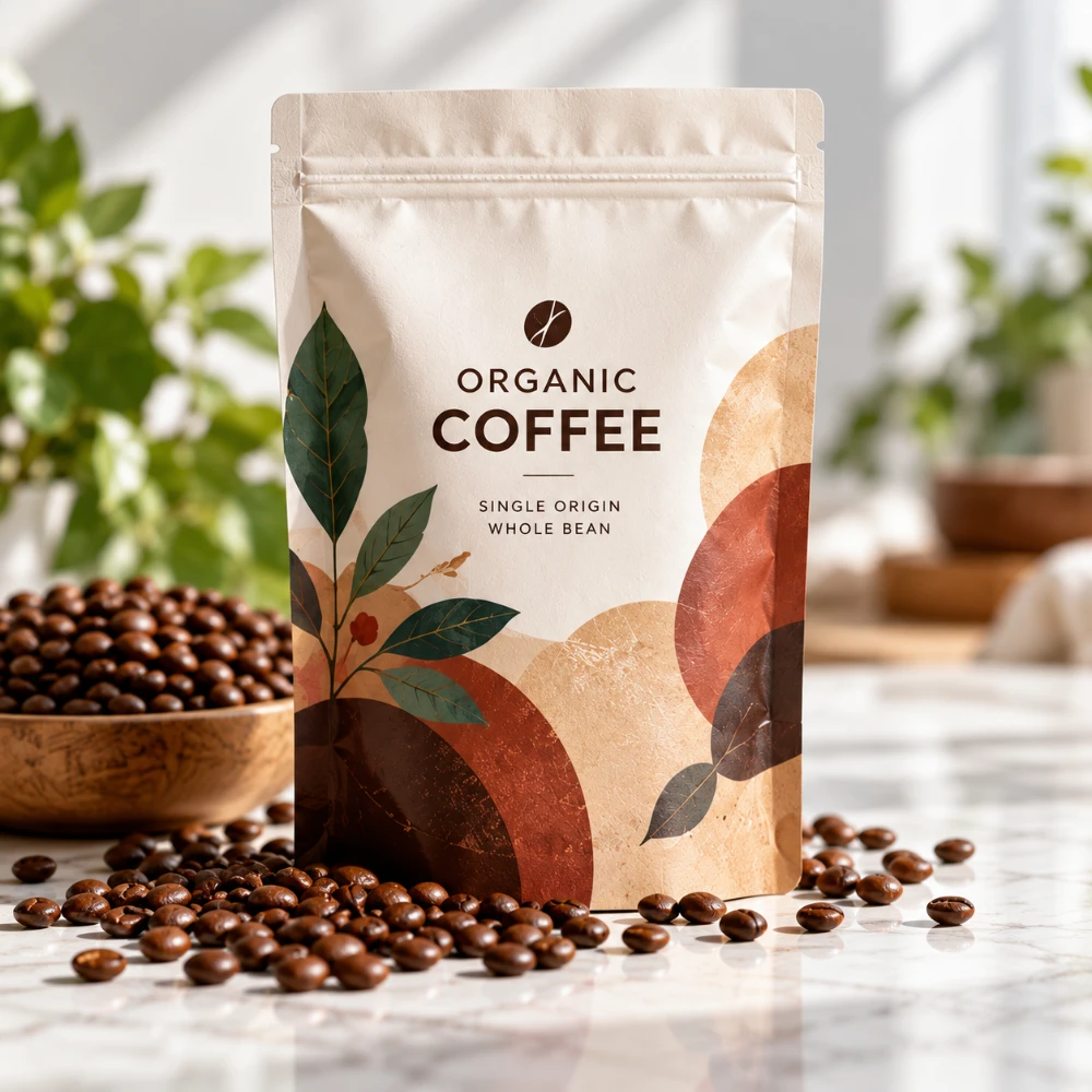 Custom printed coffee packaging pouch displayed with roasted coffee beans and natural botanical elements.