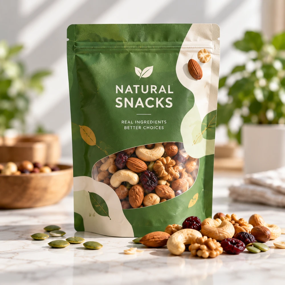 Green custom printed snack packaging pouch displayed with food ingredients in a natural setting.