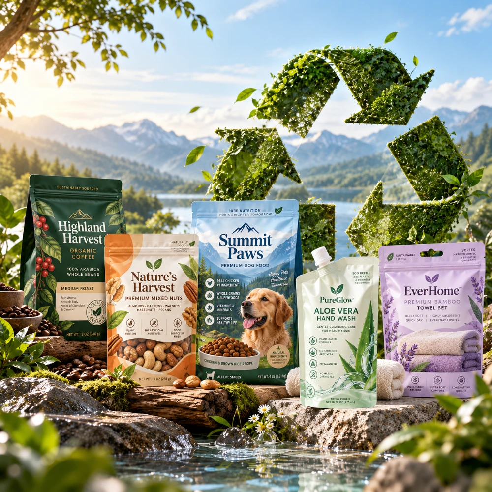 Assorted sustainable packaging concepts displayed among plants and natural materials, representing responsible packaging choices.
