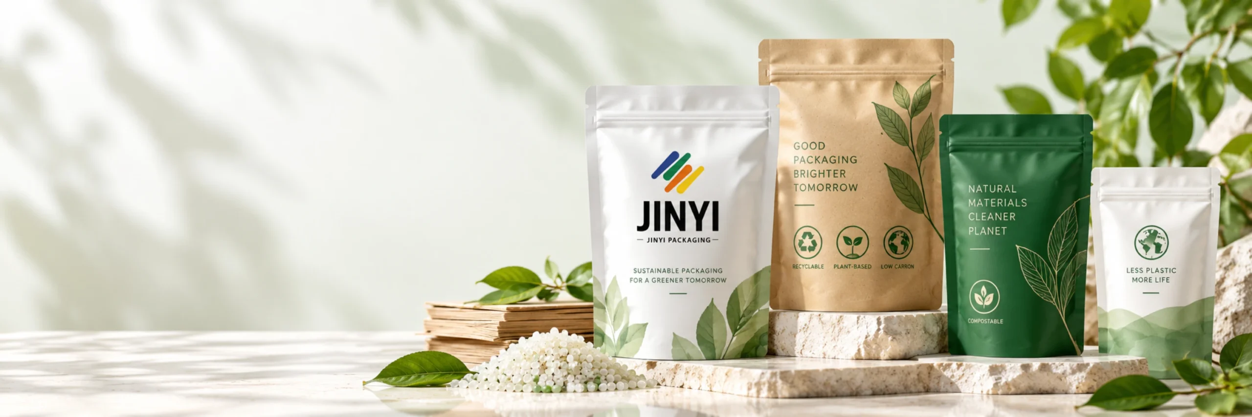 Wide product display featuring sustainable flexible packaging concepts, natural materials, and green foliage.