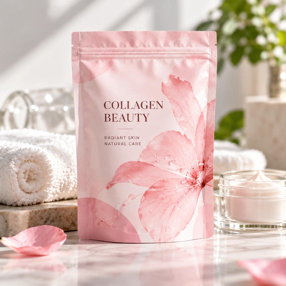 Pink flexible packaging pouch for personal care and beauty products, presented with a clean, natural aesthetic.
