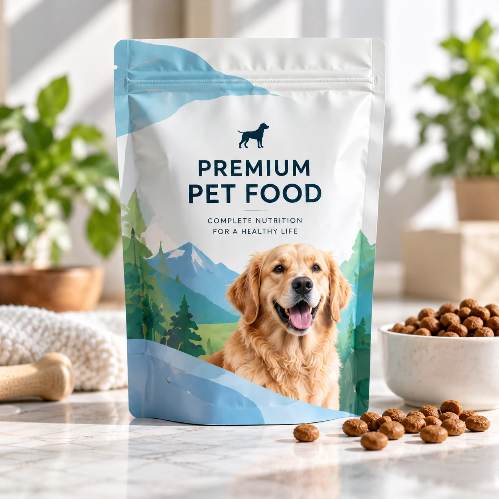 Custom pet food packaging pouch with printed branding, displayed in a natural setting with pet food.