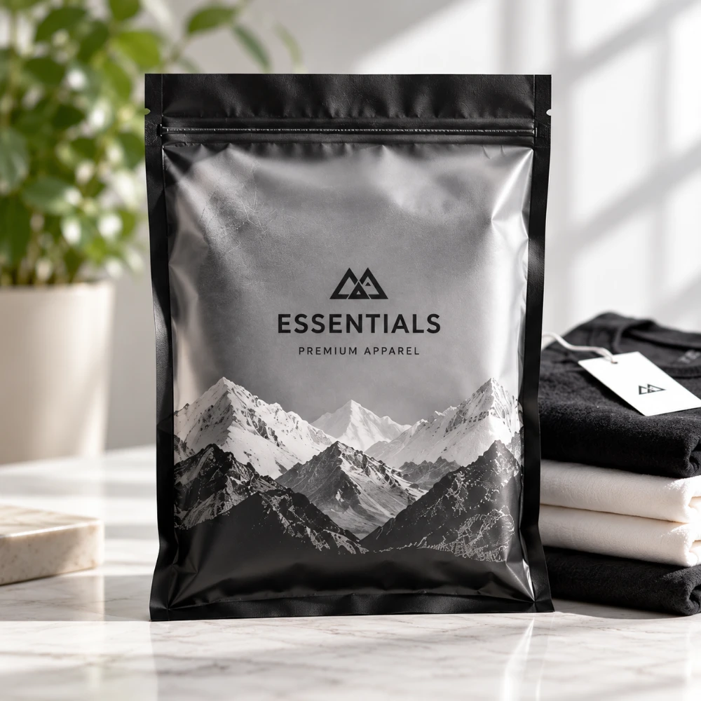 Black custom retail packaging pouch with premium printed design, showcasing sustainable packaging options for retail brands.